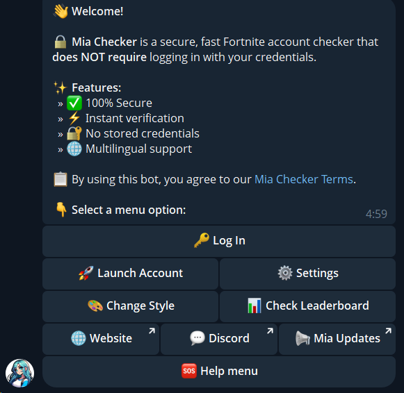 Menú principal de Mia Checker en Telegram